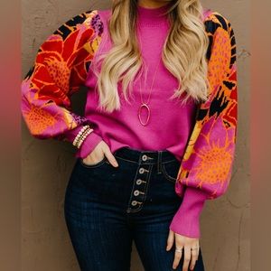 NWT Jodifl Pink floral print bubble sleeve sweater